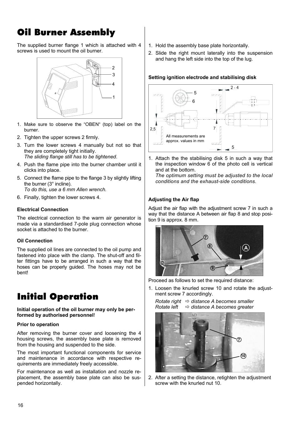 Oil burner assembly, Initial operation | REMKO VRS 20 INOX User Manual | Page 16 / 20