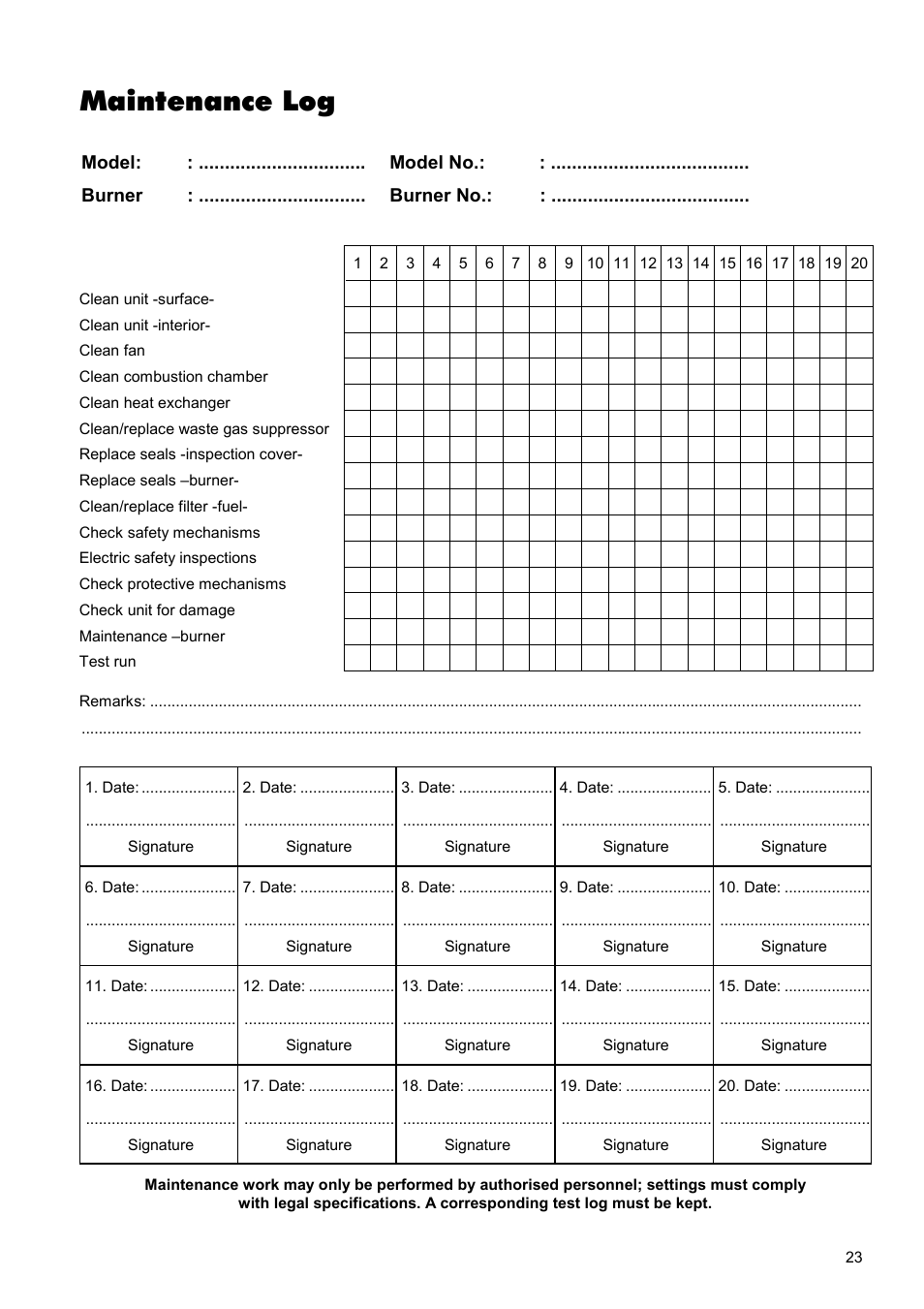 Maintenance log | REMKO VRS 25 INOX User Manual | Page 23 / 24