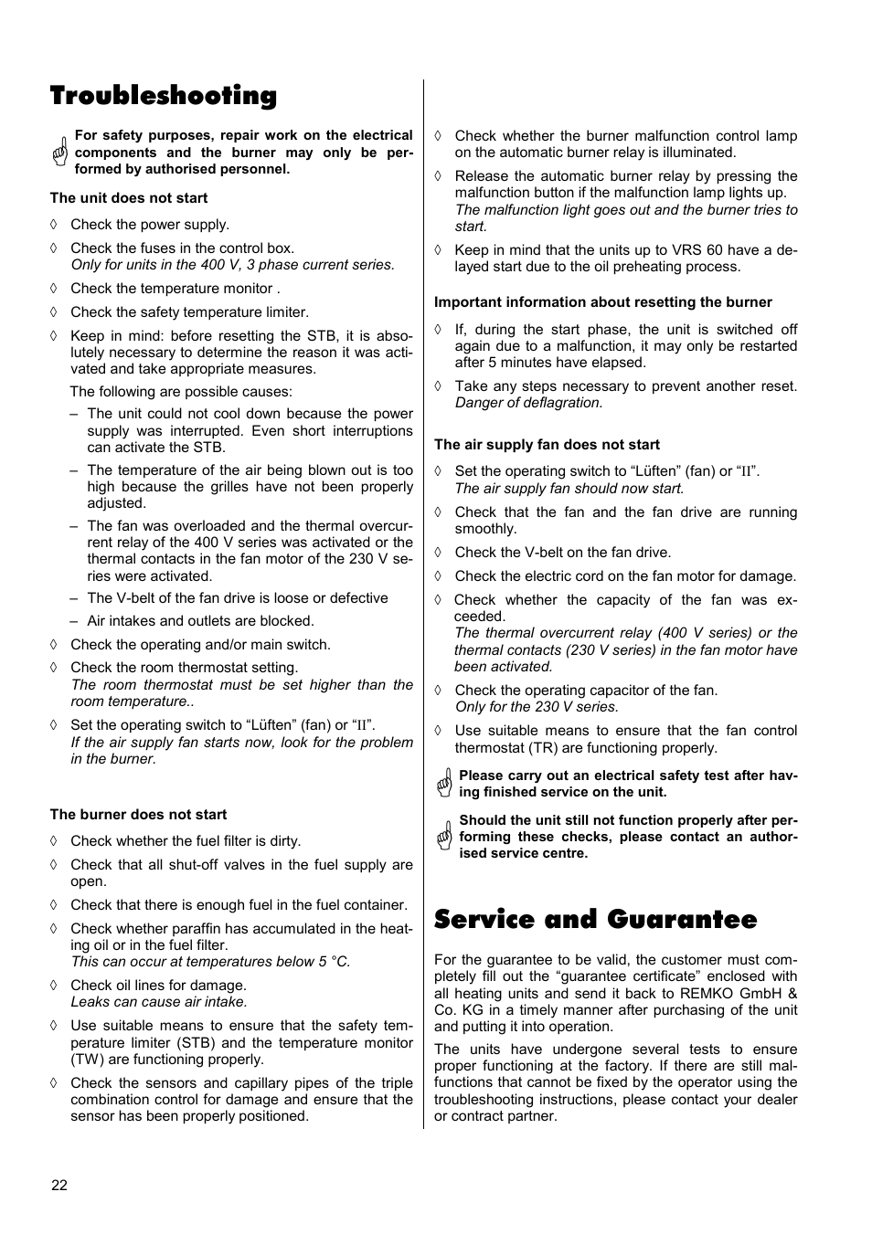 Troubleshooting, Service and guarantee | REMKO VRS-B User Manual | Page 22 / 24