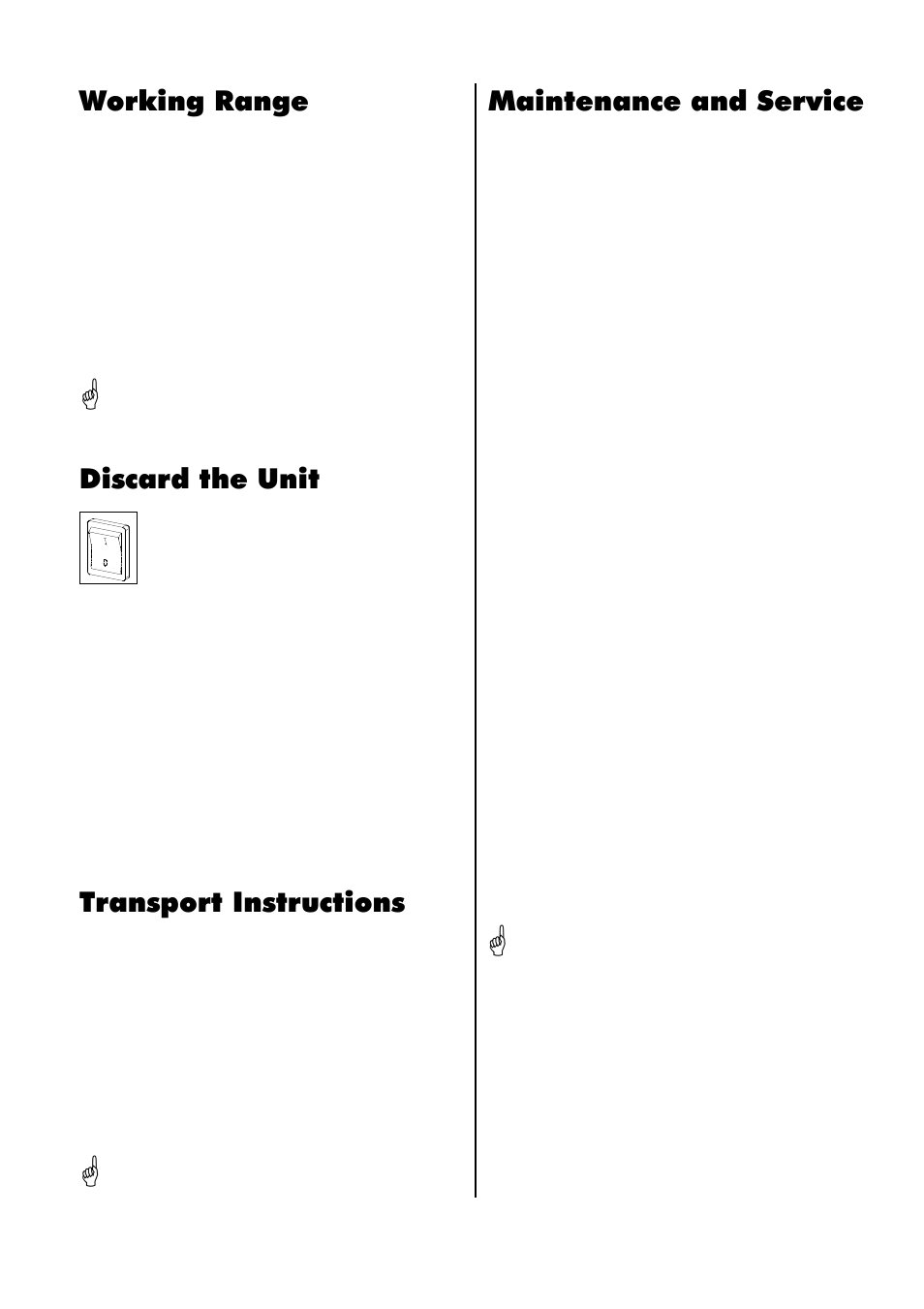 Discard the unit, Maintenance and service, Working range | Transport instructions | REMKO AMT 30 User Manual | Page 9 / 16