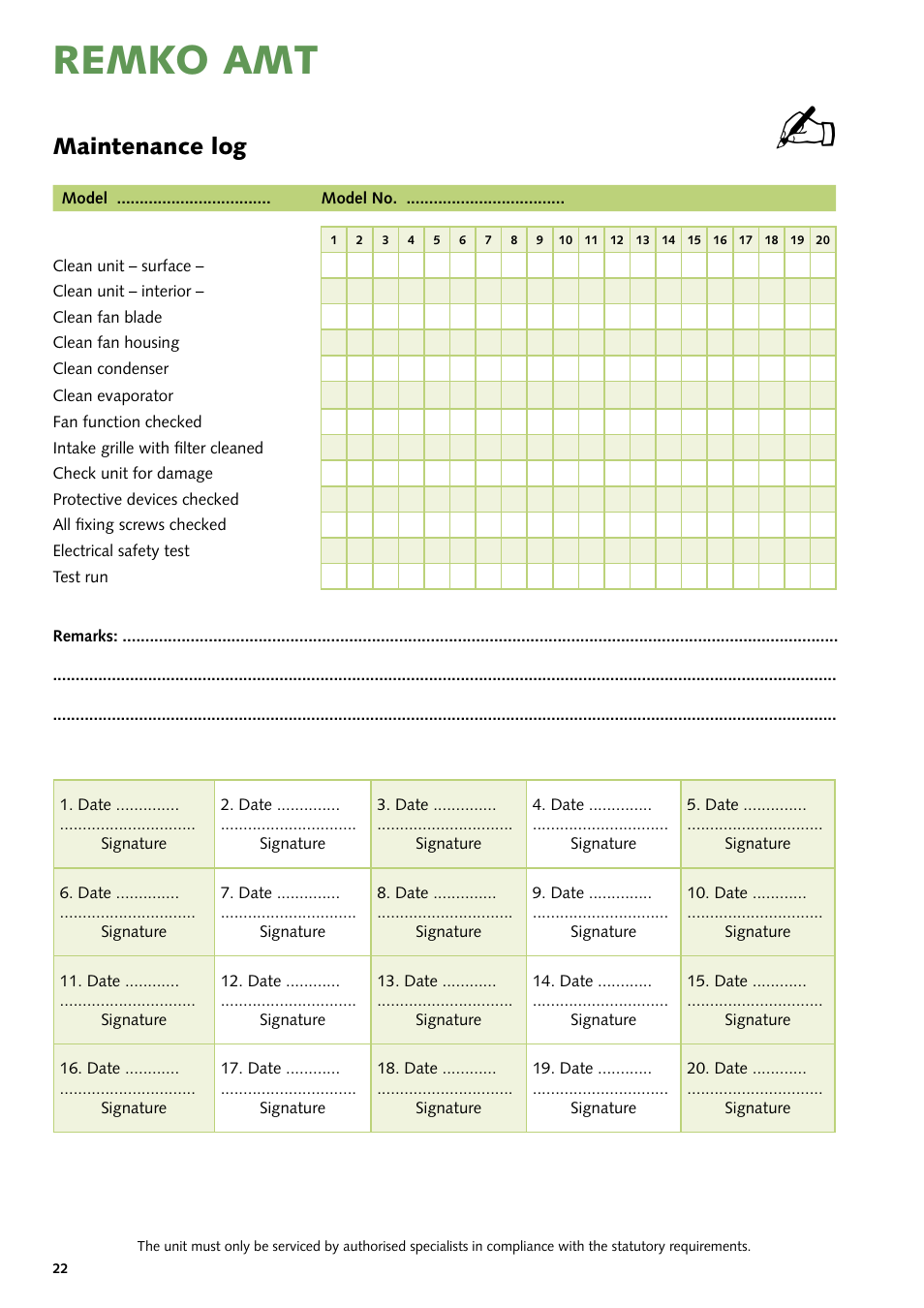 Remko amt, Maintenance log | REMKO AMT 40E User Manual | Page 22 / 24