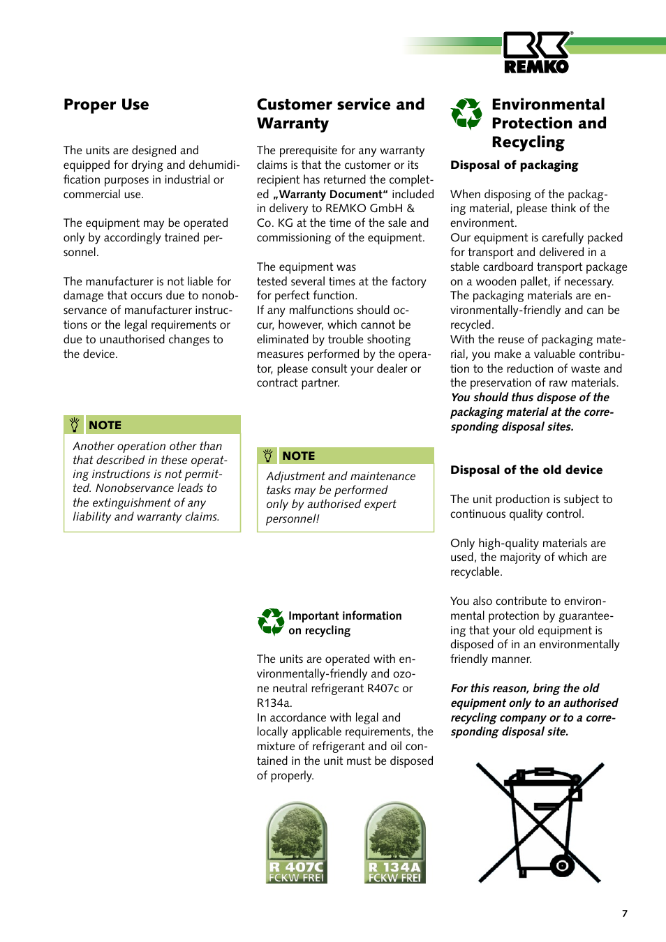 Customer service and warranty, Proper use environmental protection and recycling | REMKO AMT 40E User Manual | Page 7 / 24