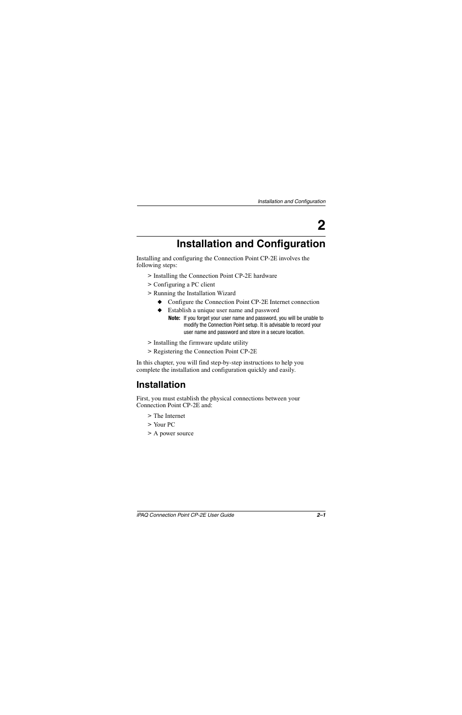 Installation and configuration, Installation, Installation –1 | Compaq CP-2E User Manual | Page 14 / 91