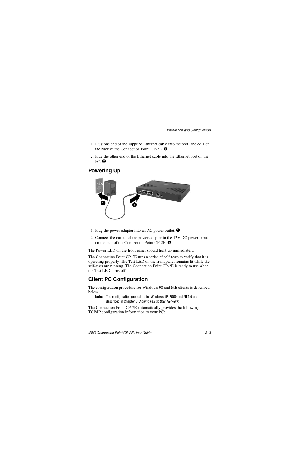 Powering up, Client pc configuration, Powering up –3 client pc configuration –3 | Compaq CP-2E User Manual | Page 16 / 91