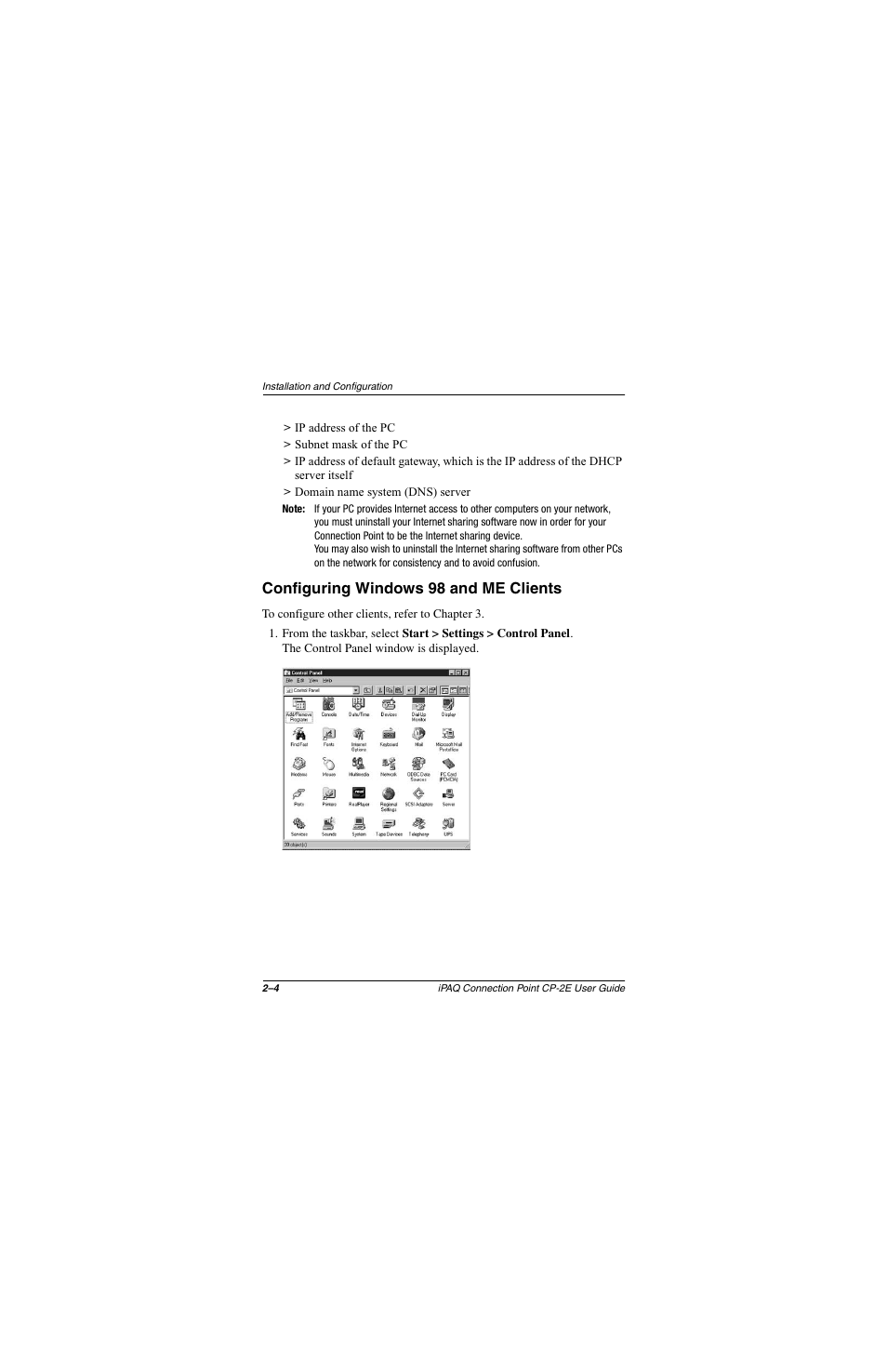 Configuring windows 98 and me clients, Configuring windows 98 and me clients –4 | Compaq CP-2E User Manual | Page 17 / 91