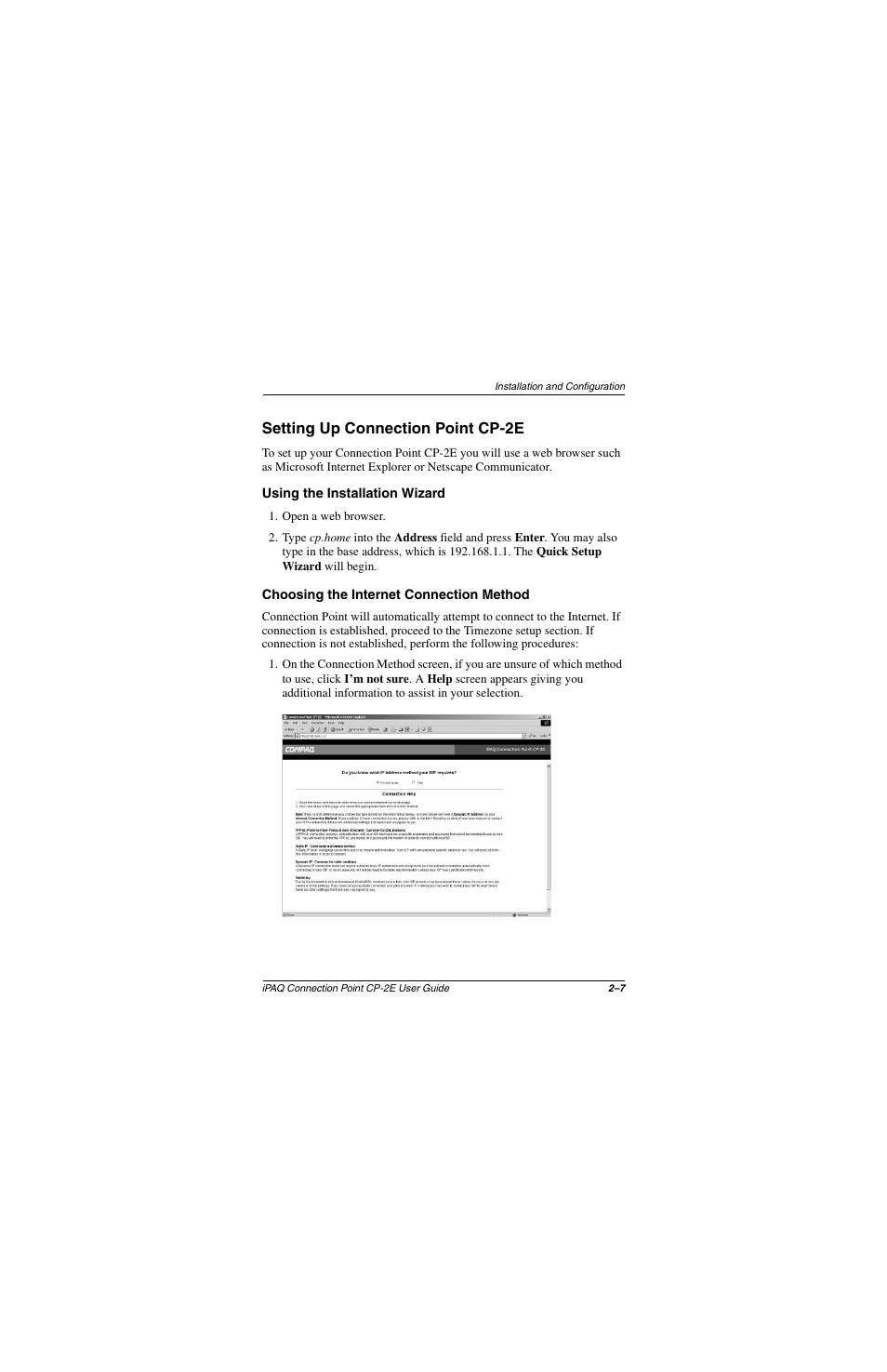 Setting up connection point cp-2e, Using the installation wizard, Choosing the internet connection method | Setting up connection point cp-2e –7 | Compaq CP-2E User Manual | Page 20 / 91