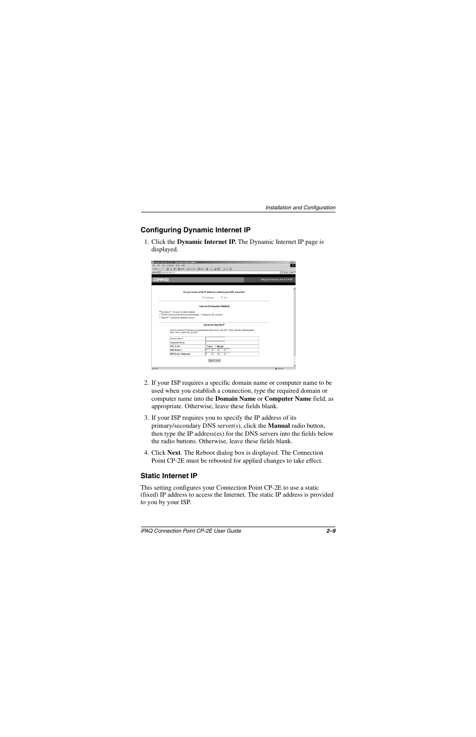 Configuring dynamic internet ip, Static internet ip | Compaq CP-2E User Manual | Page 22 / 91