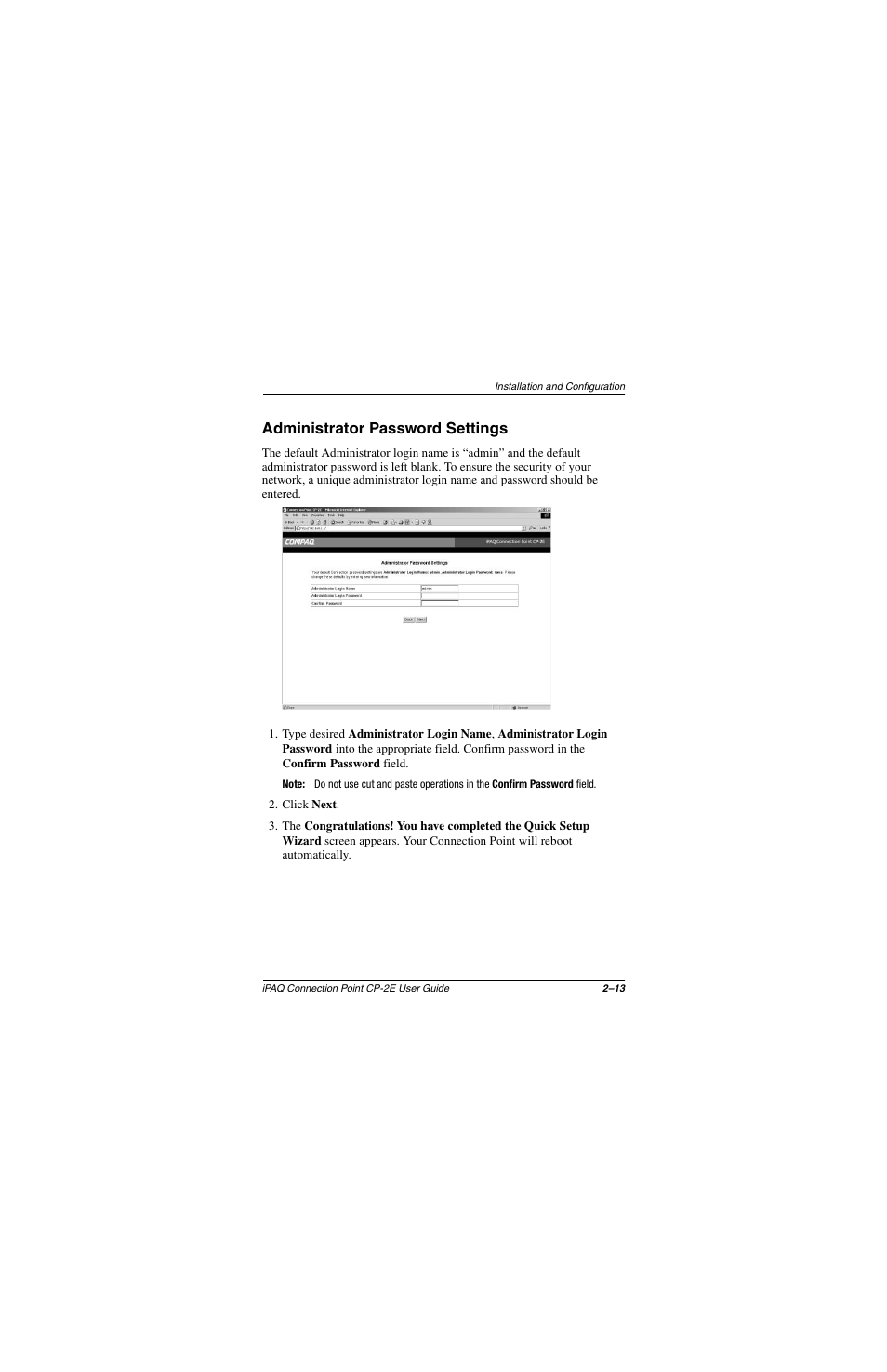 Administrator password settings, Administrator password settings –13 | Compaq CP-2E User Manual | Page 26 / 91