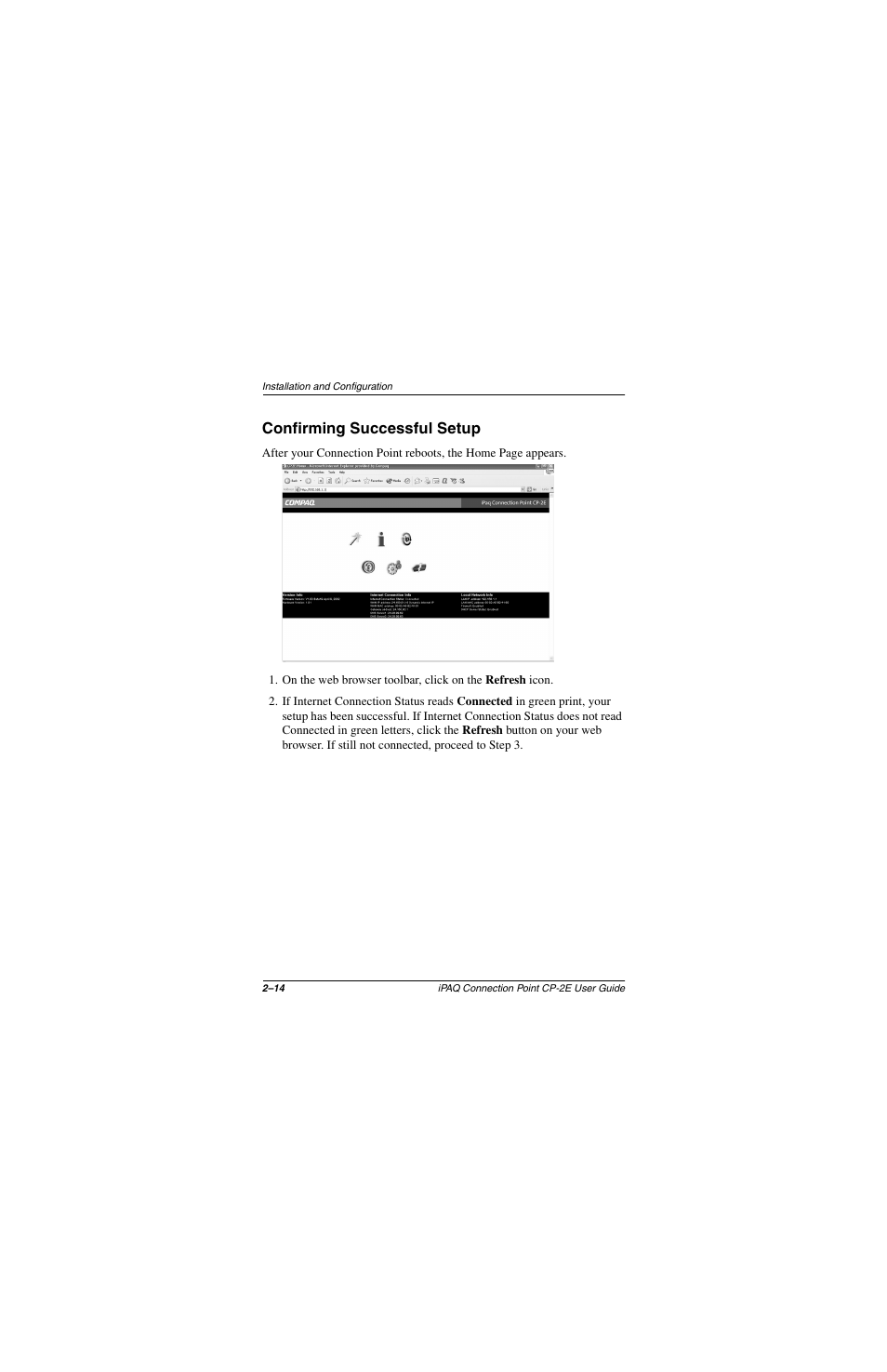 Confirming successful setup, Confirming successful setup –14 | Compaq CP-2E User Manual | Page 27 / 91