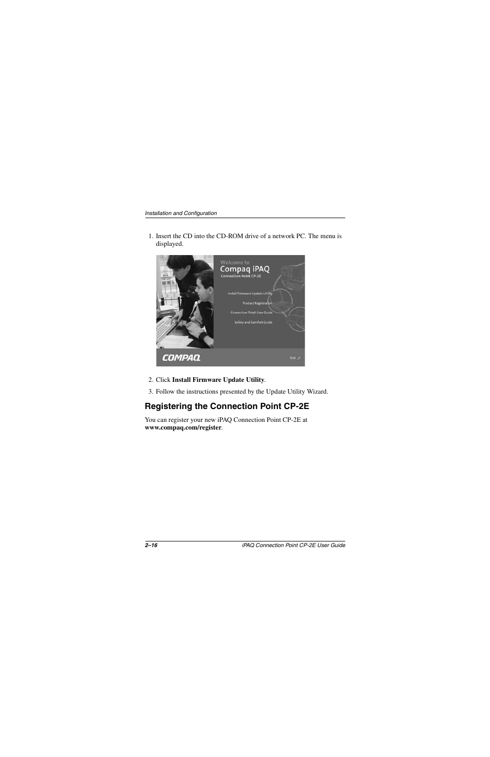 Registering the connection point cp-2e, Registering the connection point cp-2e –16 | Compaq CP-2E User Manual | Page 29 / 91