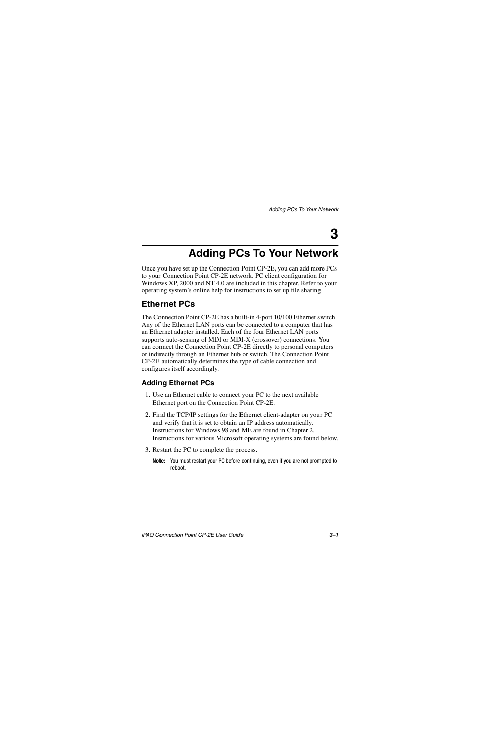 Adding pcs to your network, Ethernet pcs, Adding ethernet pcs | Ethernet pcs –1, Adding ethernet pcs –1 | Compaq CP-2E User Manual | Page 30 / 91