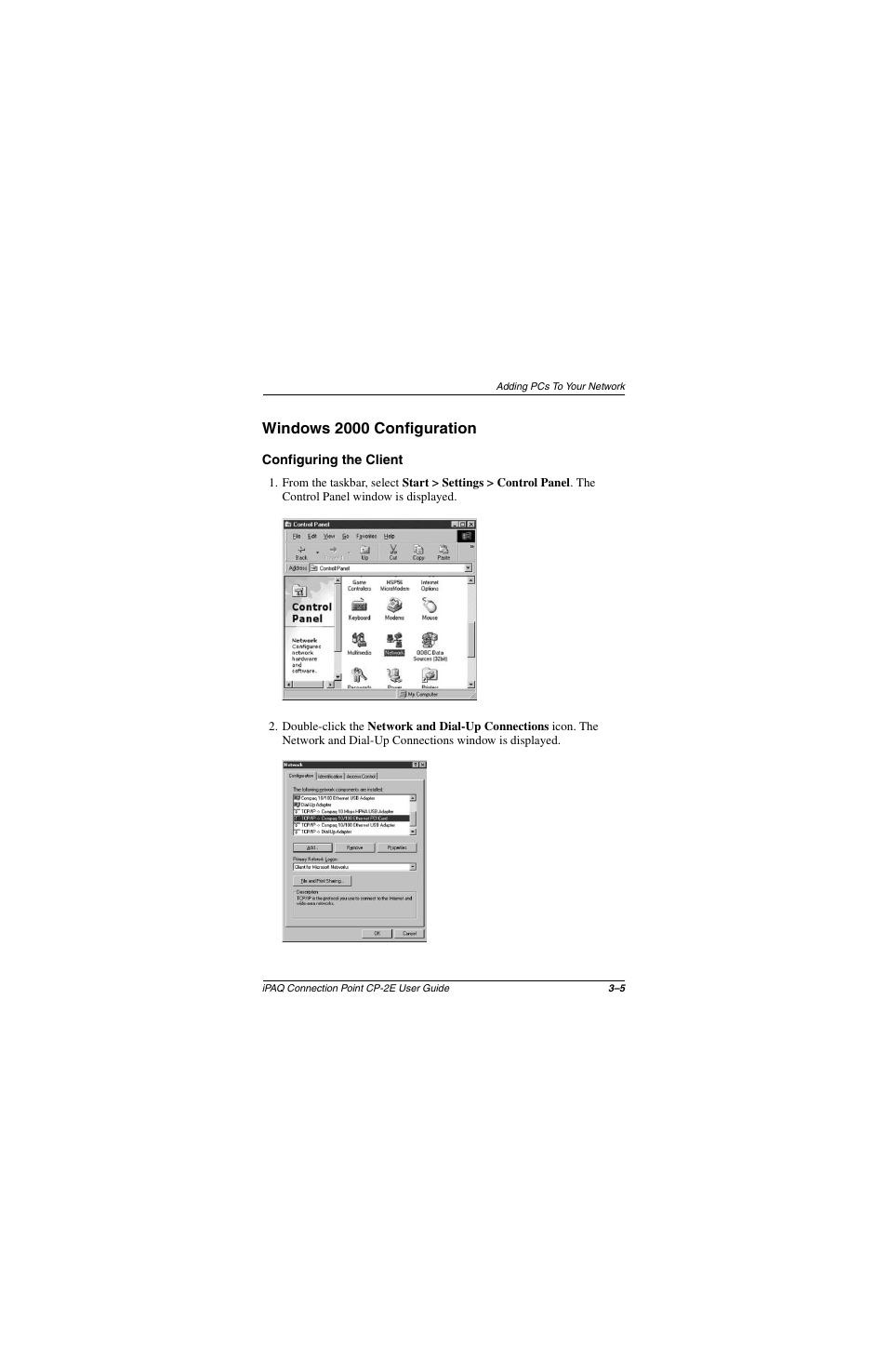 Windows 2000 configuration, Configuring the client, Windows 2000 configuration –5 | Configuring the client –5 | Compaq CP-2E User Manual | Page 34 / 91