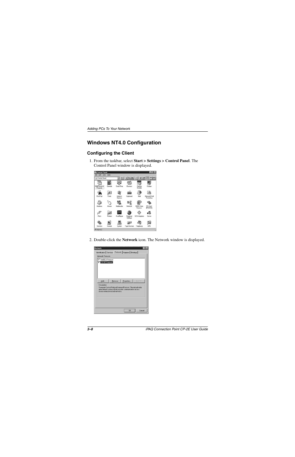 Windows nt4.0 configuration, Configuring the client, Windows nt4.0 configuration –8 | Configuring the client –8 | Compaq CP-2E User Manual | Page 37 / 91