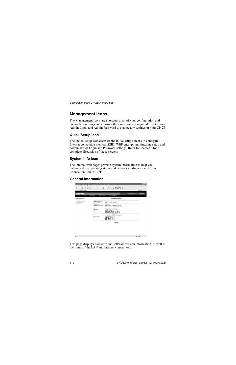 Management icons, Quick setup icon, System info icon | General information, Management icons –2, Quick setup icon –2 system info icon –2, General information –2 | Compaq CP-2E User Manual | Page 41 / 91