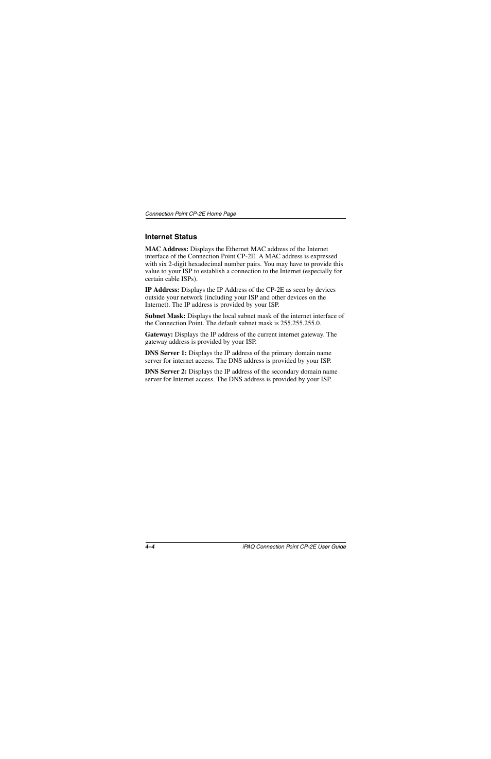 Internet status, Internet status –4 | Compaq CP-2E User Manual | Page 43 / 91