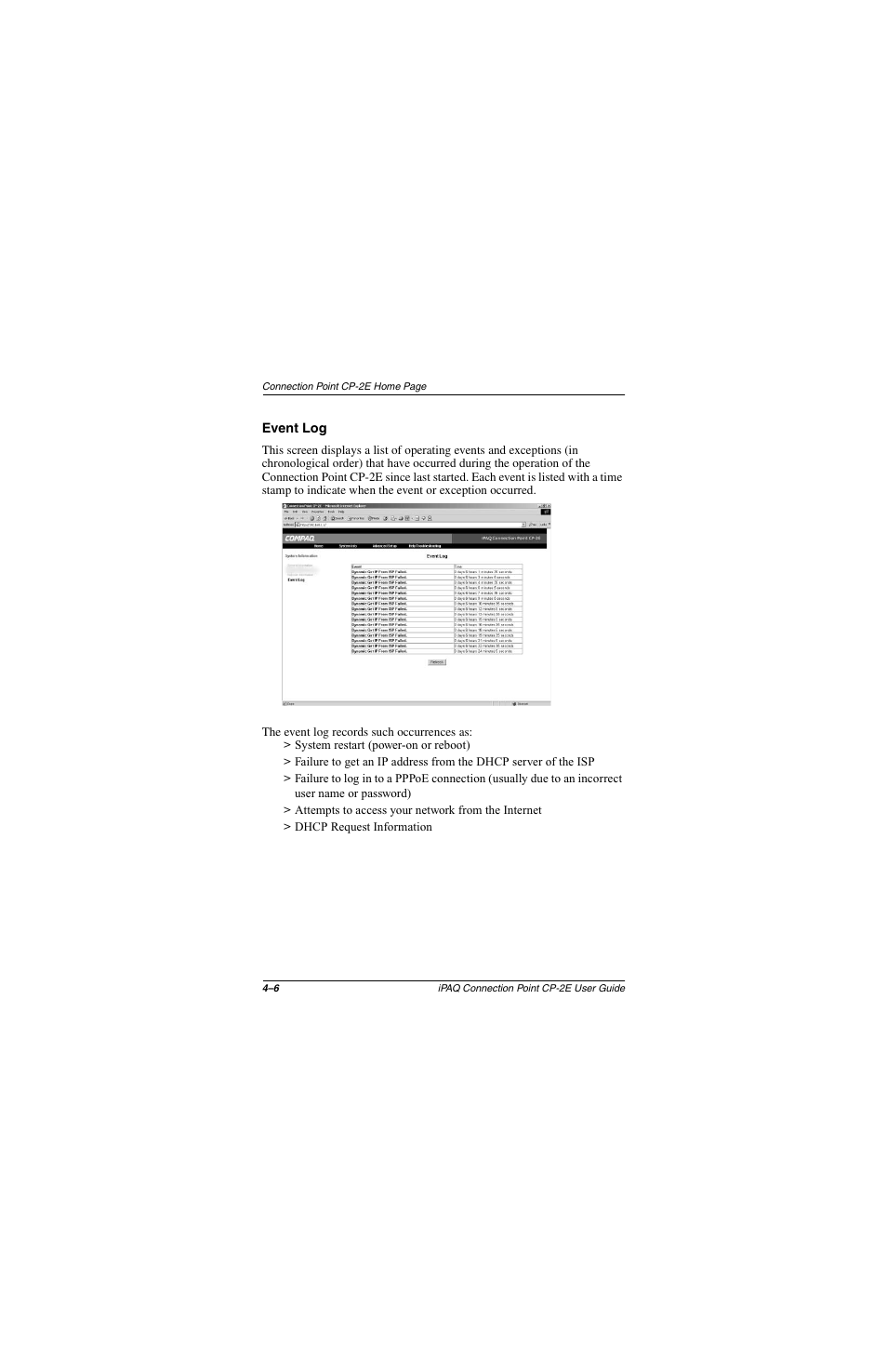 Event log, Event log –6 | Compaq CP-2E User Manual | Page 45 / 91