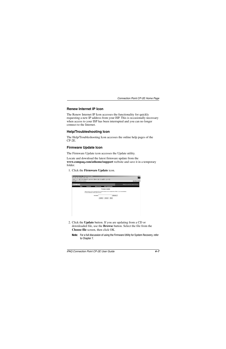 Renew internet ip icon, Help/troubleshooting icon, Firmware update icon | Compaq CP-2E User Manual | Page 46 / 91