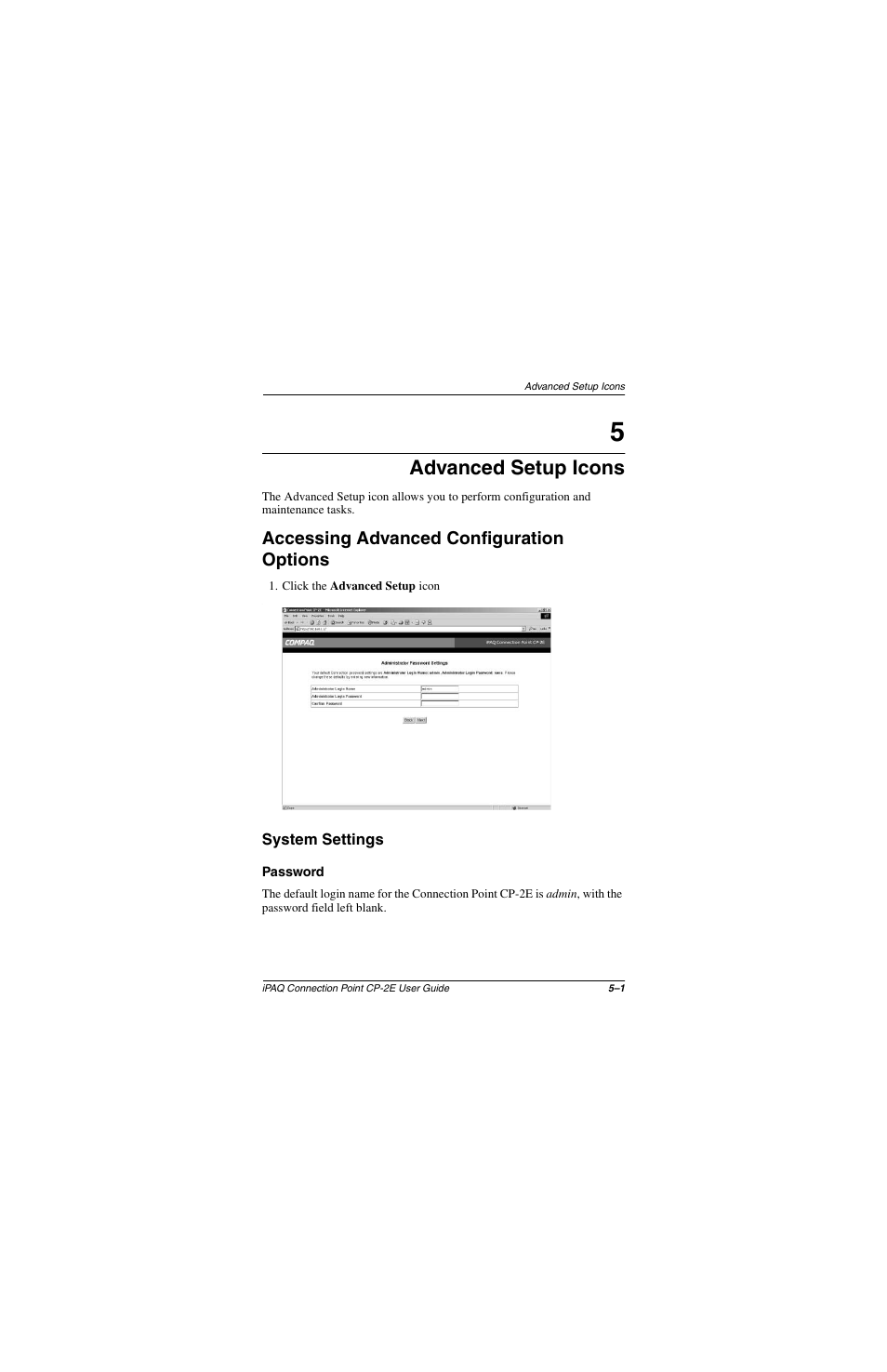 Advanced setup icons, Accessing advanced configuration options, System settings | Password, Accessing advanced configuration options –1, System settings –1, Password –1 | Compaq CP-2E User Manual | Page 48 / 91