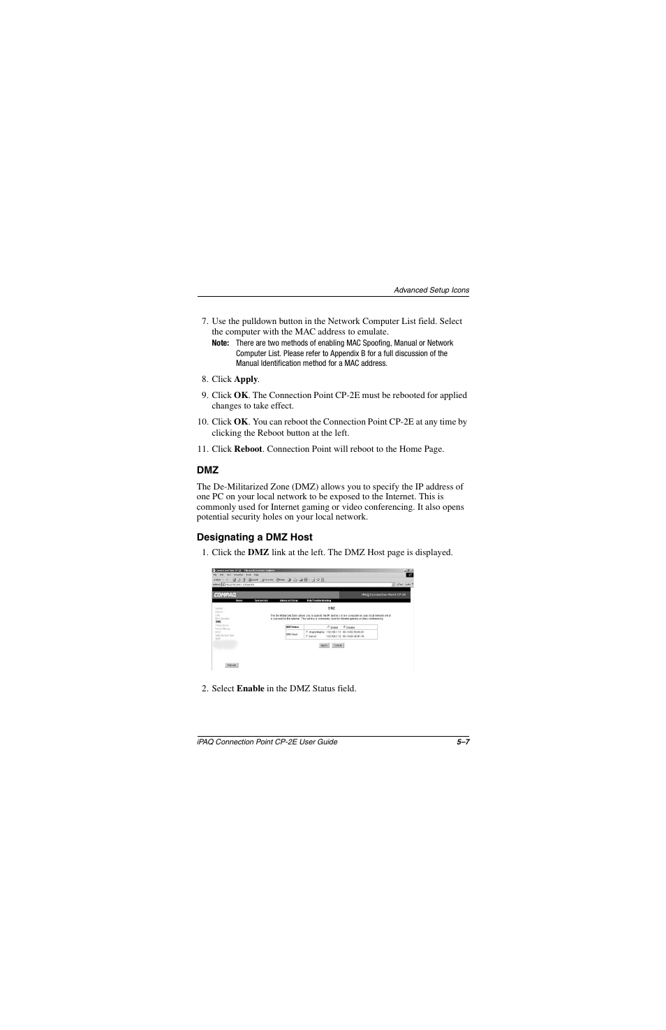 Designating a dmz host, Dmz –7, Designating a dmz host –7 | Compaq CP-2E User Manual | Page 54 / 91