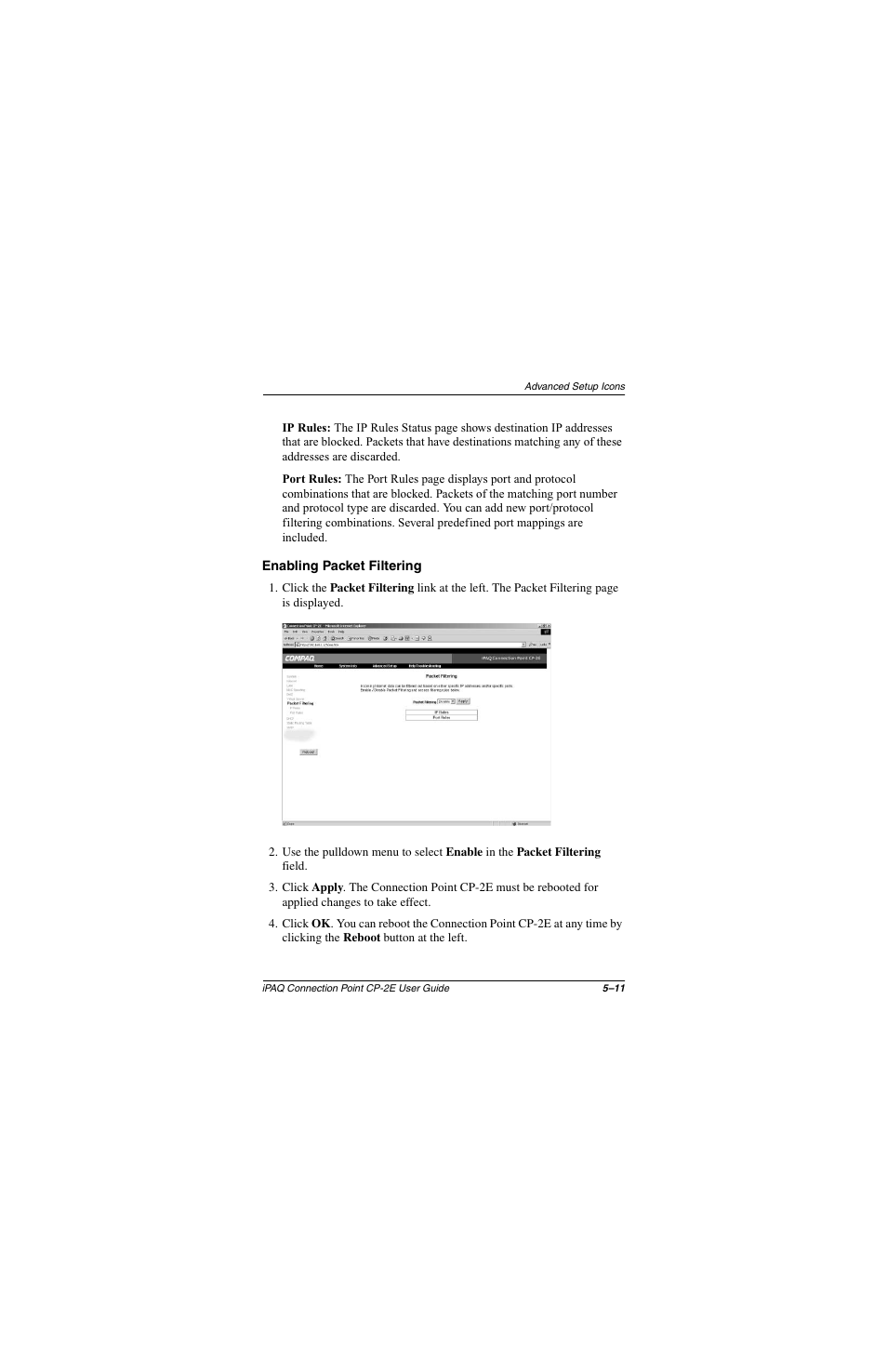 Enabling packet filtering, Enabling packet filtering –11 | Compaq CP-2E User Manual | Page 58 / 91