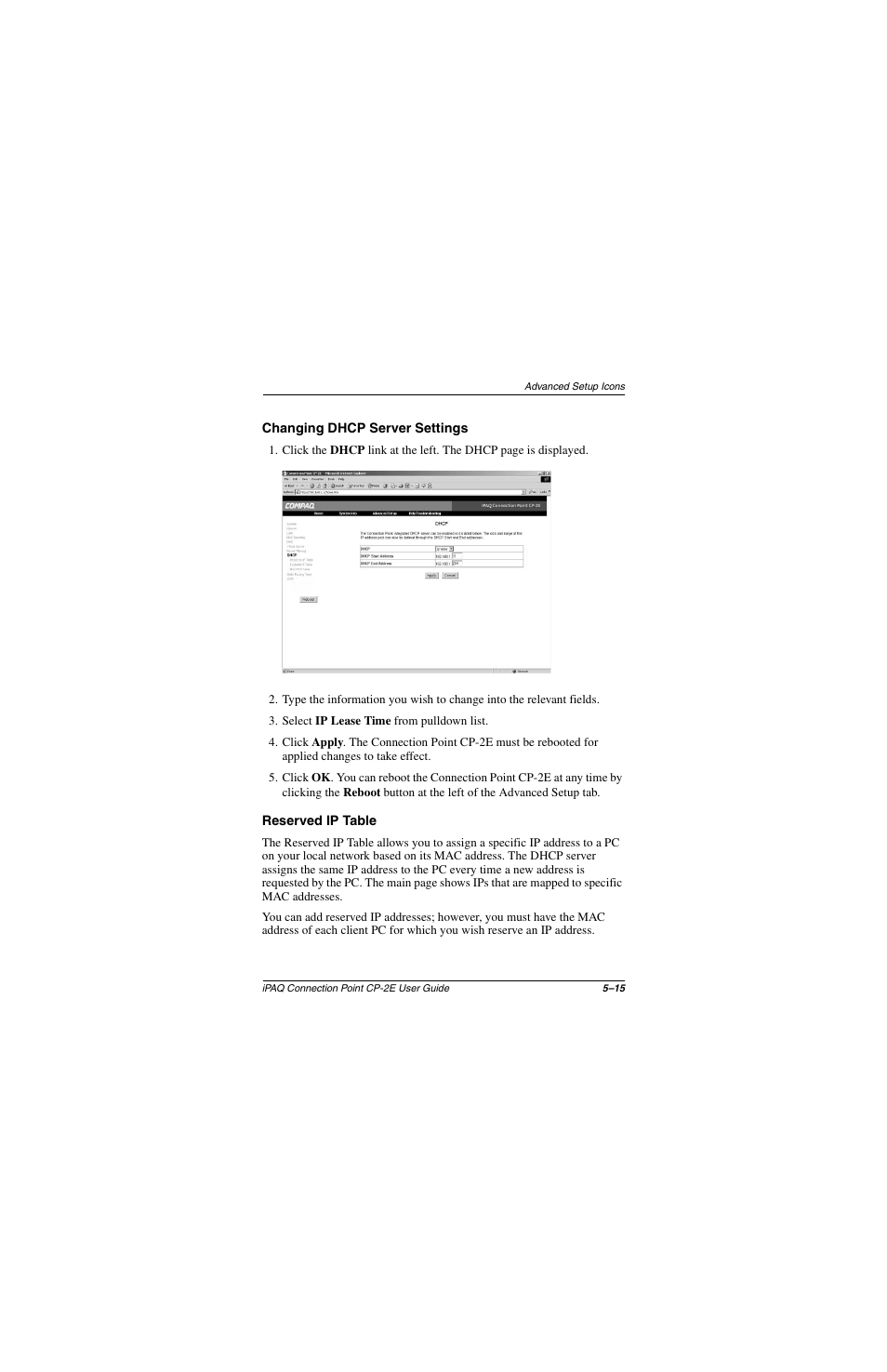 Changing dhcp server settings, Reserved ip table | Compaq CP-2E User Manual | Page 62 / 91