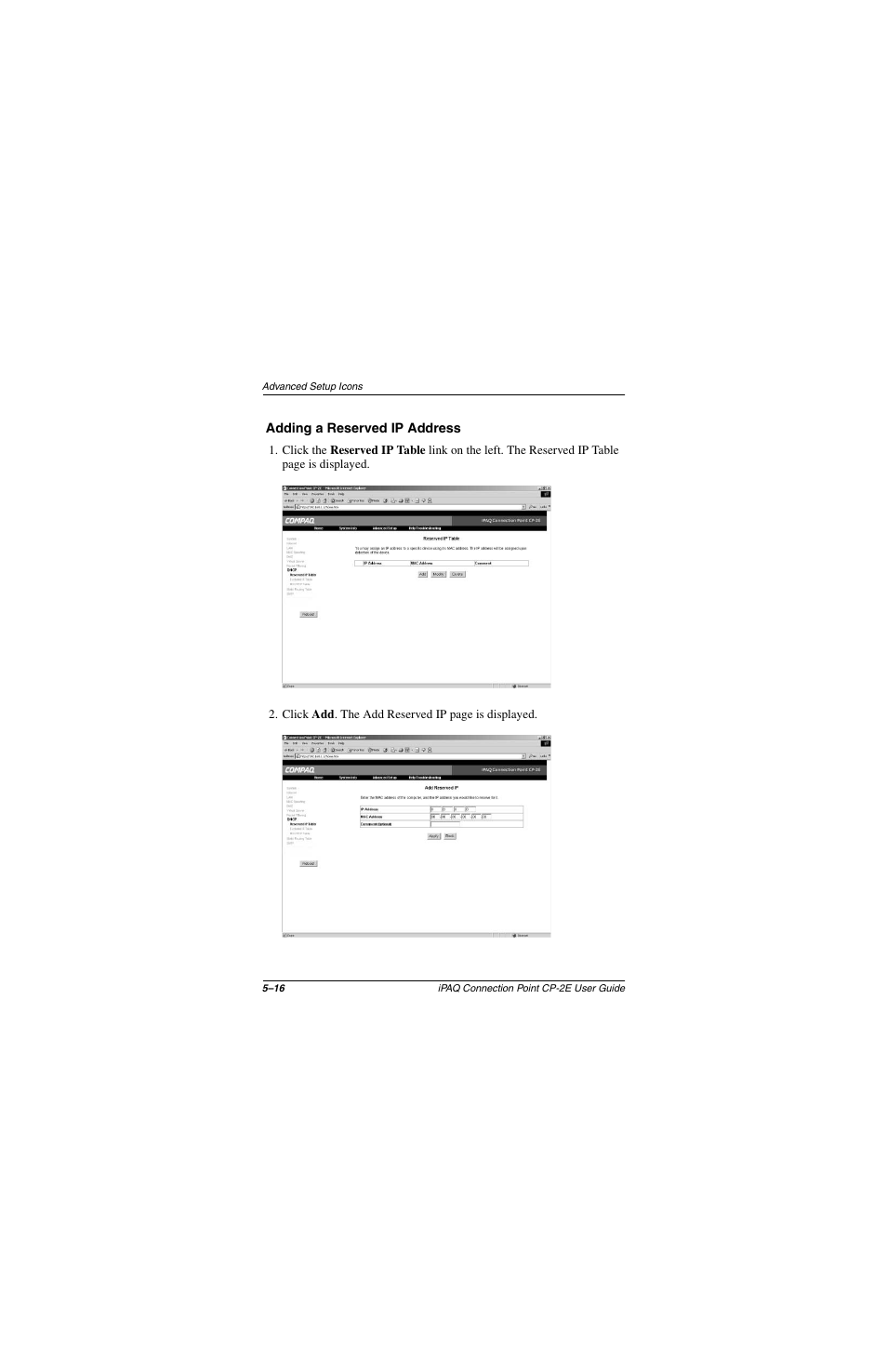 Adding a reserved ip address, Adding a reserved ip address –16 | Compaq CP-2E User Manual | Page 63 / 91