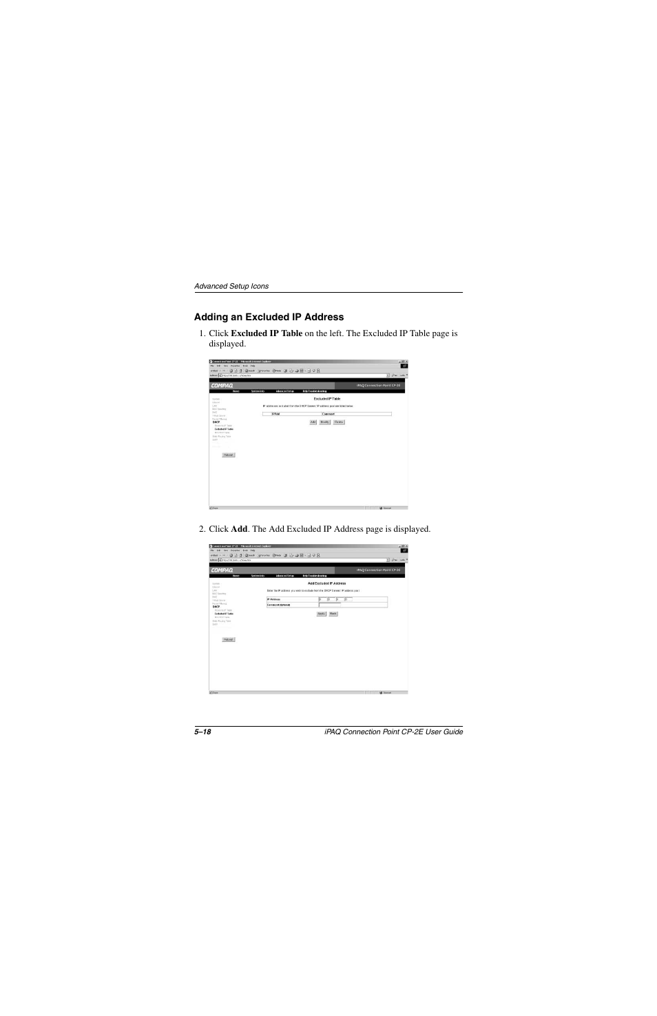 Adding an excluded ip address, Adding an excluded ip address –18 | Compaq CP-2E User Manual | Page 65 / 91