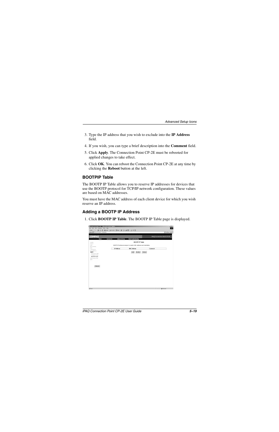 Bootpip table, Adding a bootp ip address, Bootpip table –19 adding a bootp ip address –19 | Compaq CP-2E User Manual | Page 66 / 91