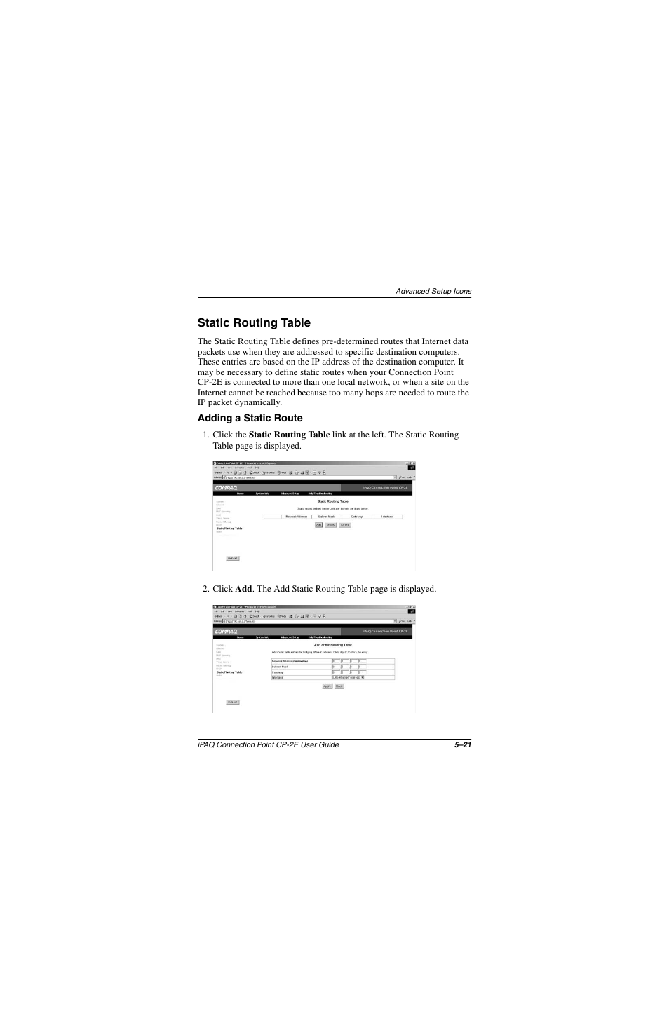 Static routing table, Adding a static route, Static routing table –21 | Adding a static route –21 | Compaq CP-2E User Manual | Page 68 / 91