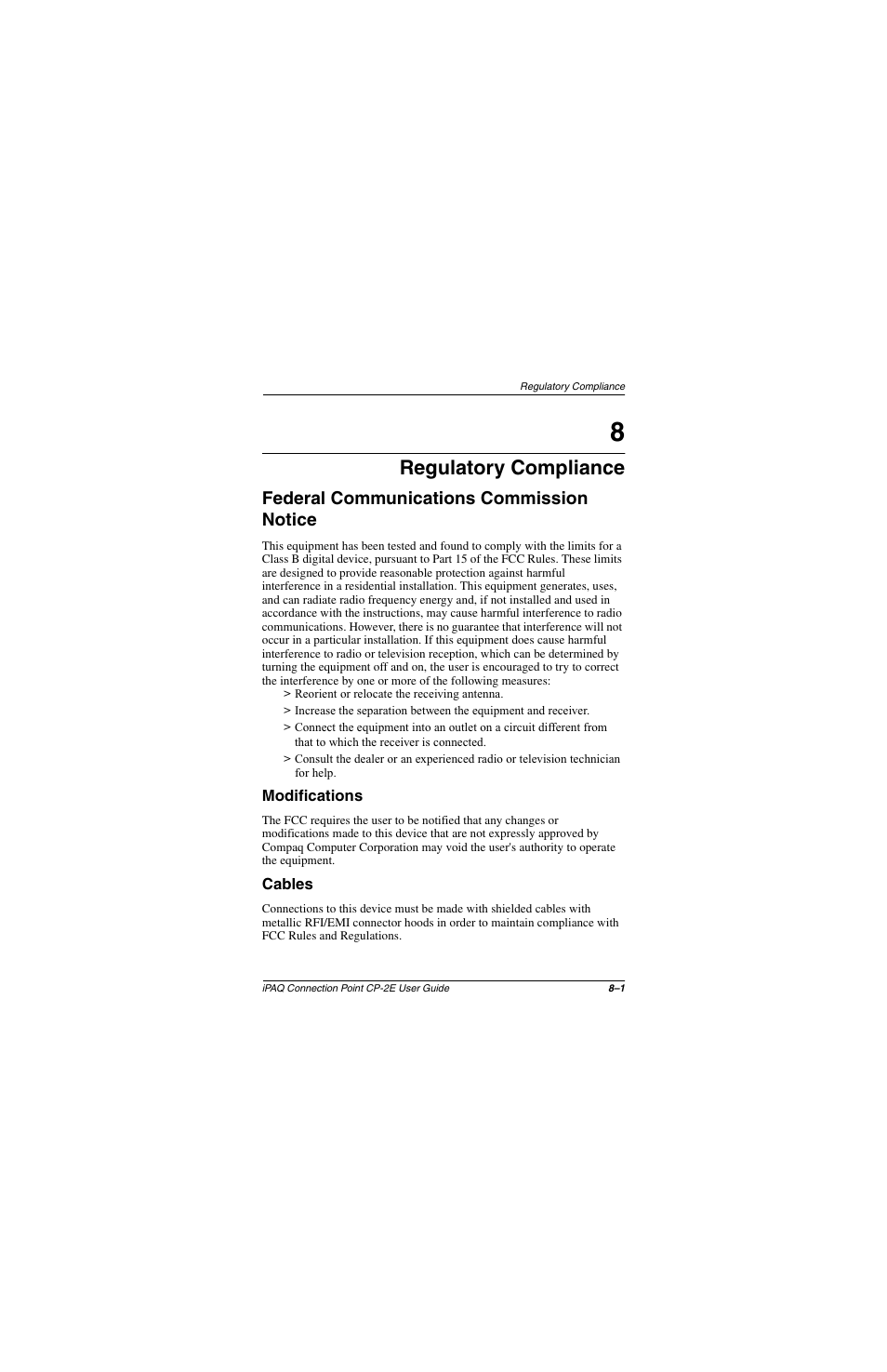 Regulatory compliance, Federal communications commission notice, Modifications | Cables, Federal communications commission notice –1, Modifications –1 cables –1 | Compaq CP-2E User Manual | Page 78 / 91