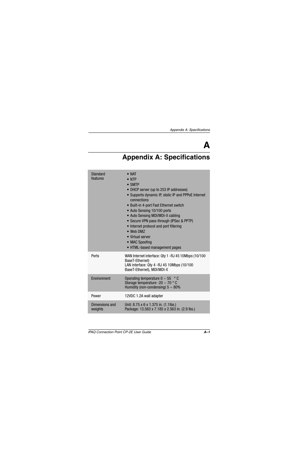 Appendix a: specifications | Compaq CP-2E User Manual | Page 80 / 91