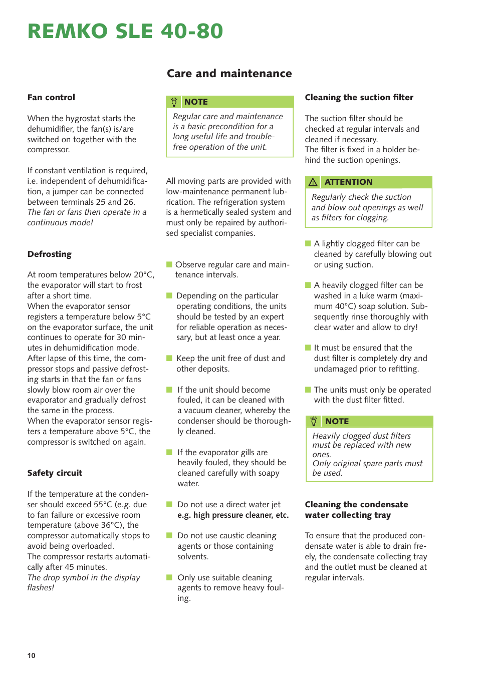 Remko sle 40-80, Care and maintenance | REMKO SLE 40 User Manual | Page 10 / 20