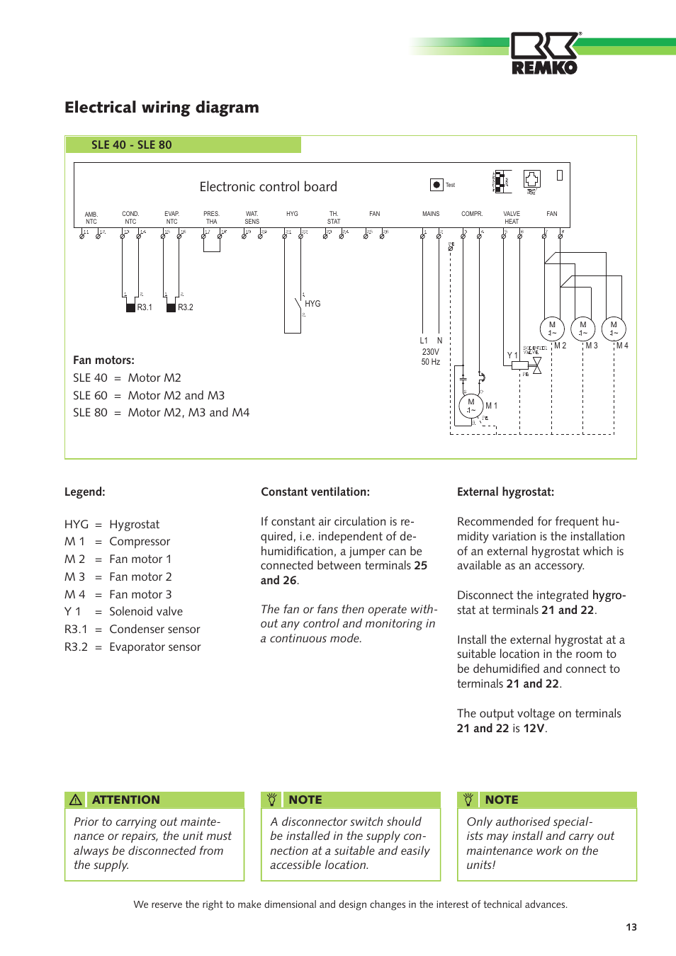 Electrical wiring diagram, Electronic control board, Sle 40 - sle 80 | REMKO SLE 40 User Manual | Page 13 / 20