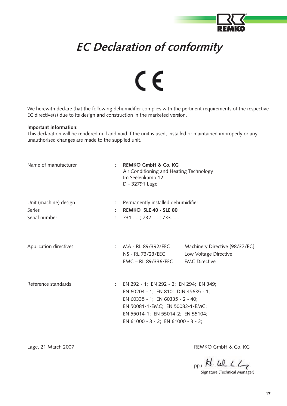 Ec declaration of conformity | REMKO SLE 40 User Manual | Page 17 / 20