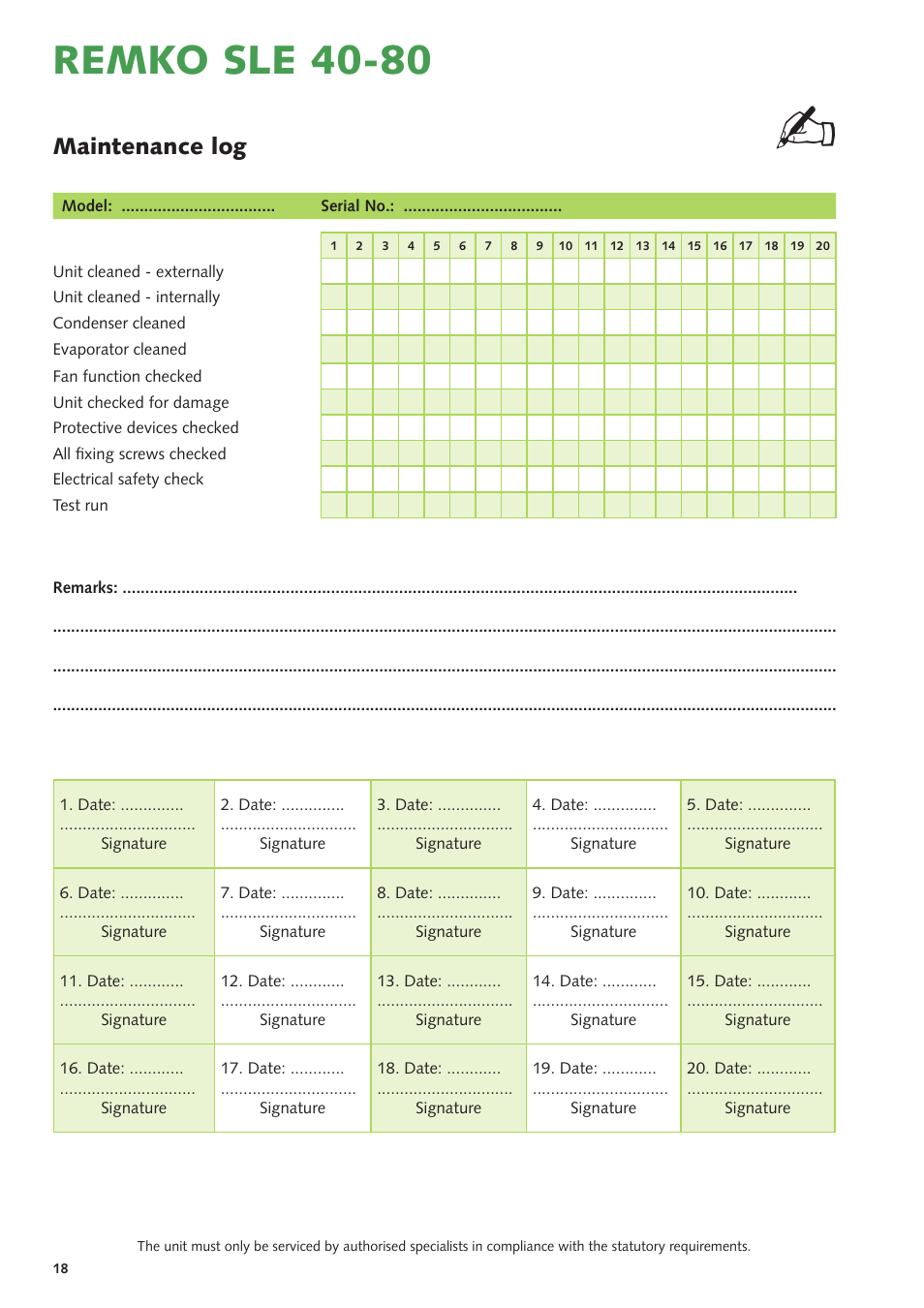 Remko sle 40-80, Maintenance log | REMKO SLE 40 User Manual | Page 18 / 20