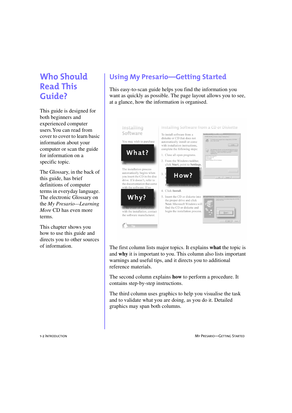 Who should read this guide, Using my presario—getting started, Who should read this guide? -2 | Using my presario—getting started -2, Who should read this guide?, 1-2 | Compaq 233789-371 User Manual | Page 11 / 101