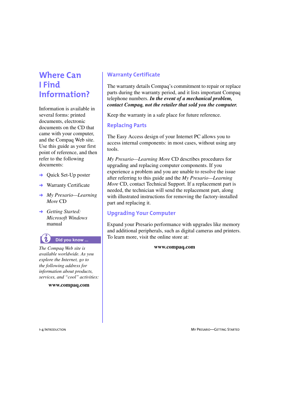 Where can i find information, Where can i find information? -4, Where can i find information?, 1-4 | Warranty certificate, Replacing parts, Upgrading your computer | Compaq 233789-371 User Manual | Page 13 / 101