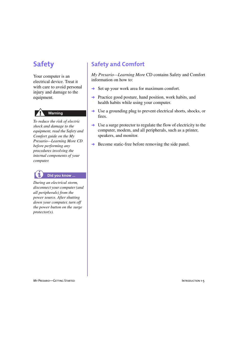 Safety, Safety and comfort, Safety -5 | Safety and comfort -5, Safety, 1-5 | Compaq 233789-371 User Manual | Page 14 / 101