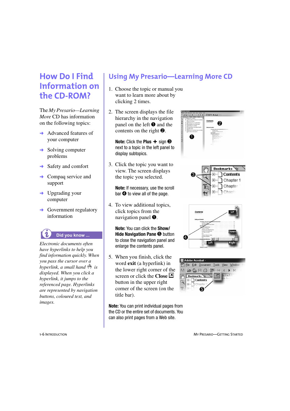 How do i find information on the cdrom, Using my presario—learning more cd, How do i find information on the cd-rom? -6 | Using my presario—learning more cd -6, How do i find information on the cd-rom?, 1-6, How do i find information on the cd-rom | Compaq 233789-371 User Manual | Page 15 / 101