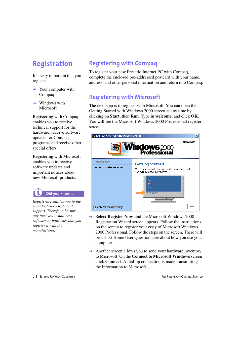 Registration, Registering with compaq, Registering with microsoft | Compaq 233789-371 User Manual | Page 23 / 101