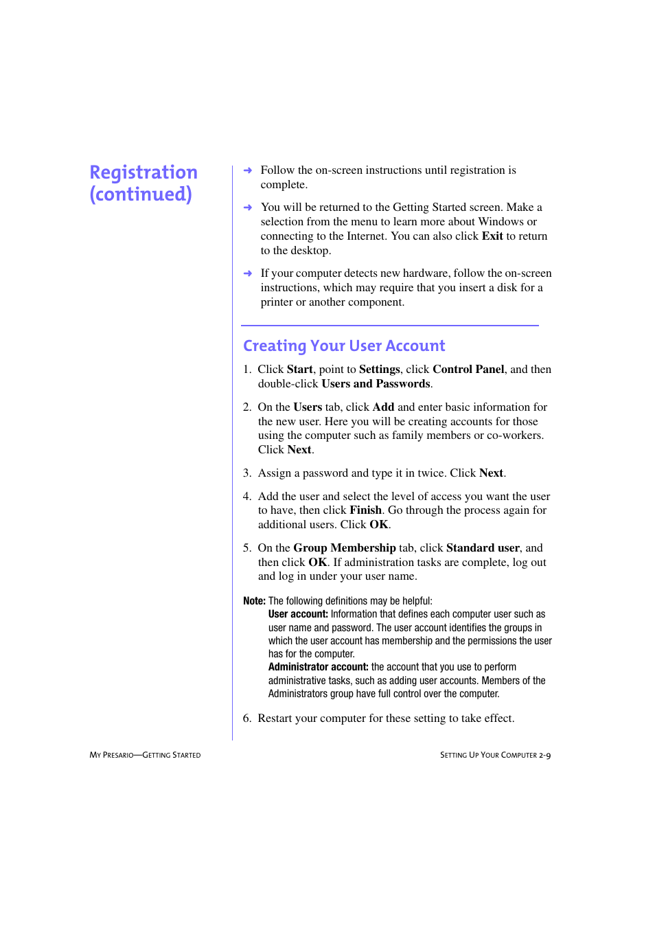 Creating your user account, Creating your user account -9, Registration (continued) | Compaq 233789-371 User Manual | Page 24 / 101