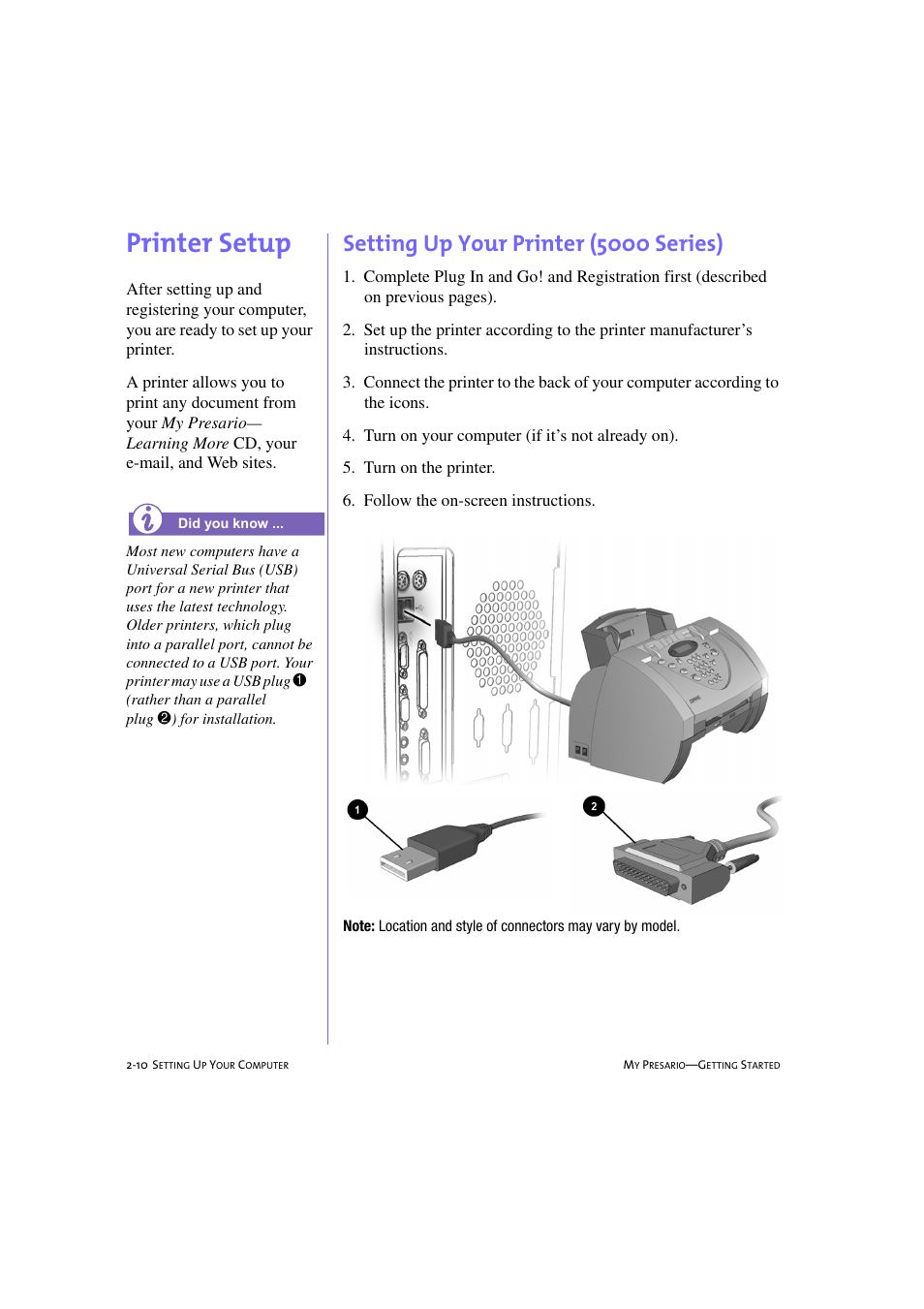 Printer setup, Setting up your printer (5000 series), Printer setup -10 | Setting up your printer (5000 series) -10, Printer setup, 2-10 | Compaq 233789-371 User Manual | Page 25 / 101