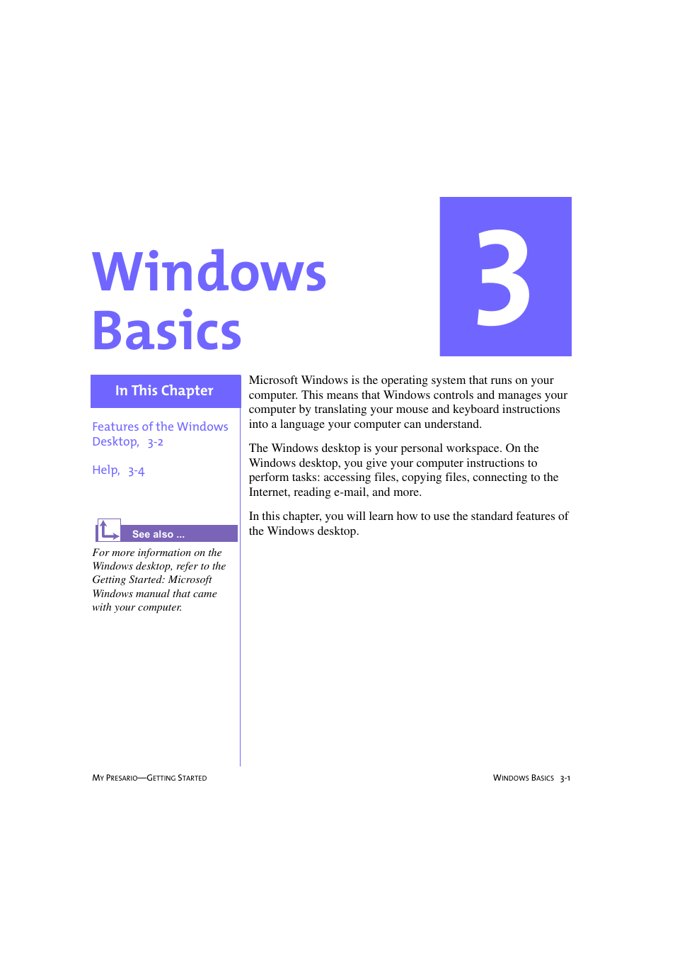 Windows basics, Chapter 3 windows basics -1 | Compaq 233789-371 User Manual | Page 28 / 101