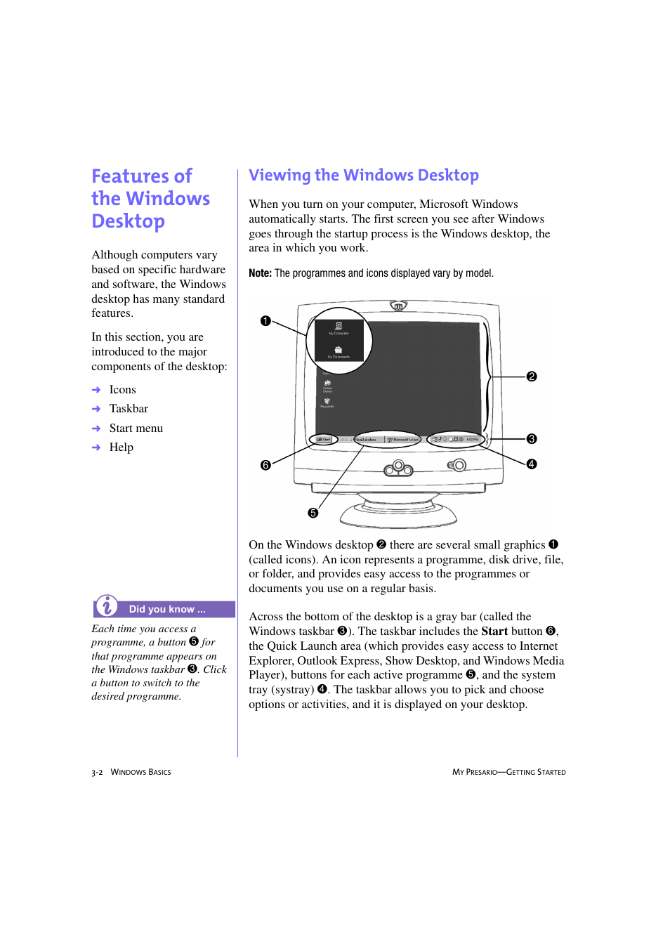 Features of the windows desktop, Viewing the windows desktop, Features of the windows desktop -2 | Viewing the windows desktop -2 | Compaq 233789-371 User Manual | Page 29 / 101