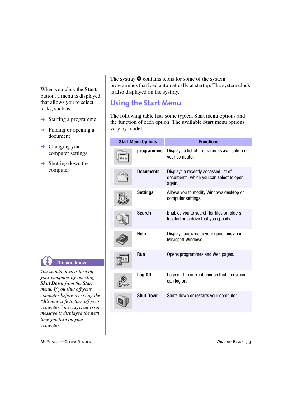 Using the start menu, Using the start menu -3 | Compaq 233789-371 User Manual | Page 30 / 101