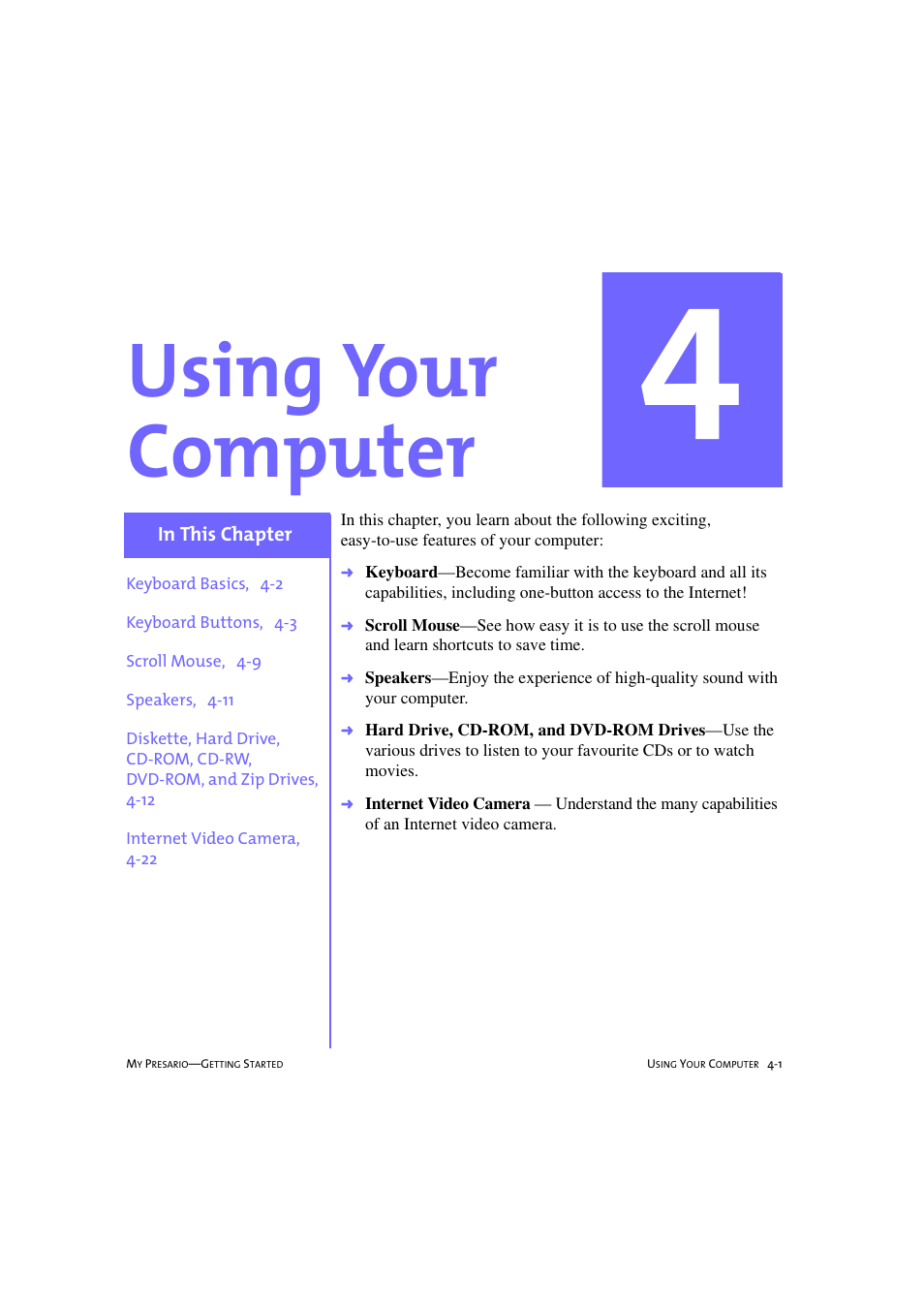 Using your computer, Chapter 4 using your computer | Compaq 233789-371 User Manual | Page 32 / 101