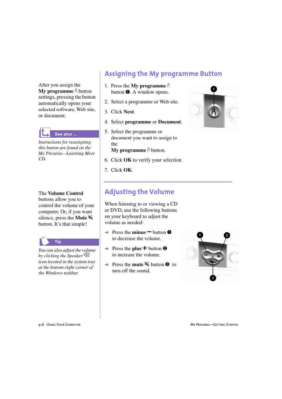 Assigning the my programme button, Adjusting the volume, Assigning the my programme button -6 | Adjusting the volume -6 | Compaq 233789-371 User Manual | Page 37 / 101