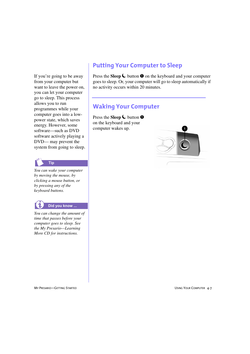 Putting your computer to sleep, Waking your computer, Putting your computer to sleep -7 | Waking your computer -7 | Compaq 233789-371 User Manual | Page 38 / 101