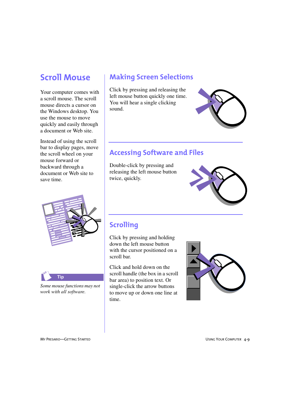 Scroll mouse, Making screen selections, Accessing software and files | Scrolling, Scroll mouse -9, Making screen selections -9, Accessing software and files -9, Scrolling -9, Scroll mouse, 4-9 | Compaq 233789-371 User Manual | Page 40 / 101