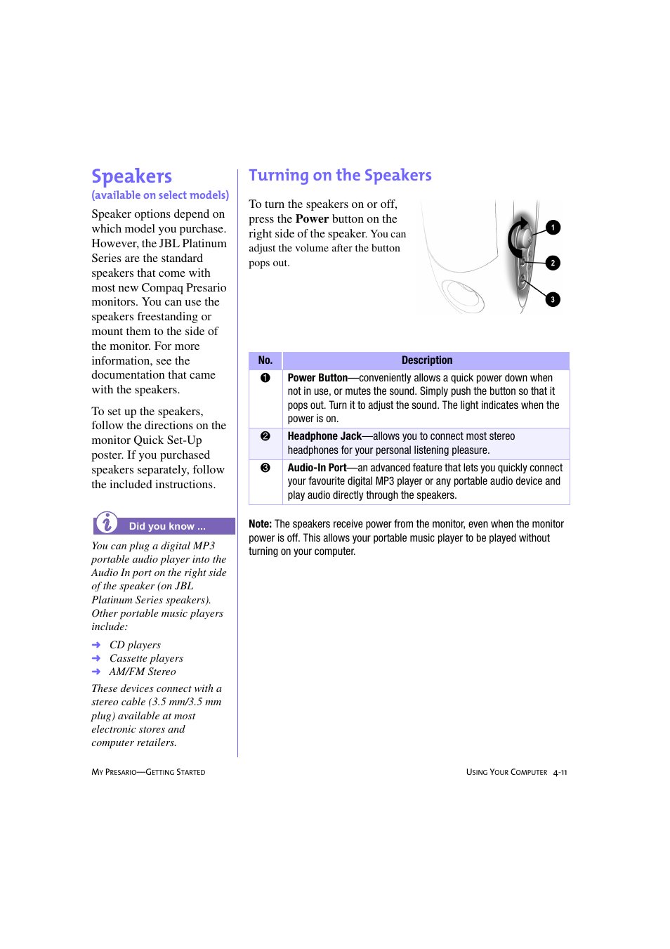 Speakers, Turning on the speakers, Speakers -11 | Turning on the speakers -11, Speakers, 4-11 | Compaq 233789-371 User Manual | Page 42 / 101